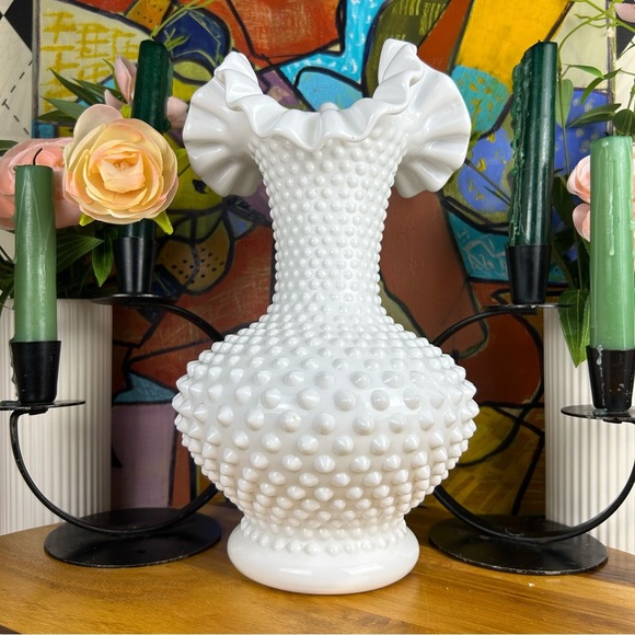 Hobnail Milk Glass Vase Vintage Elaborate Ruffled Rim Mid-Century Modern